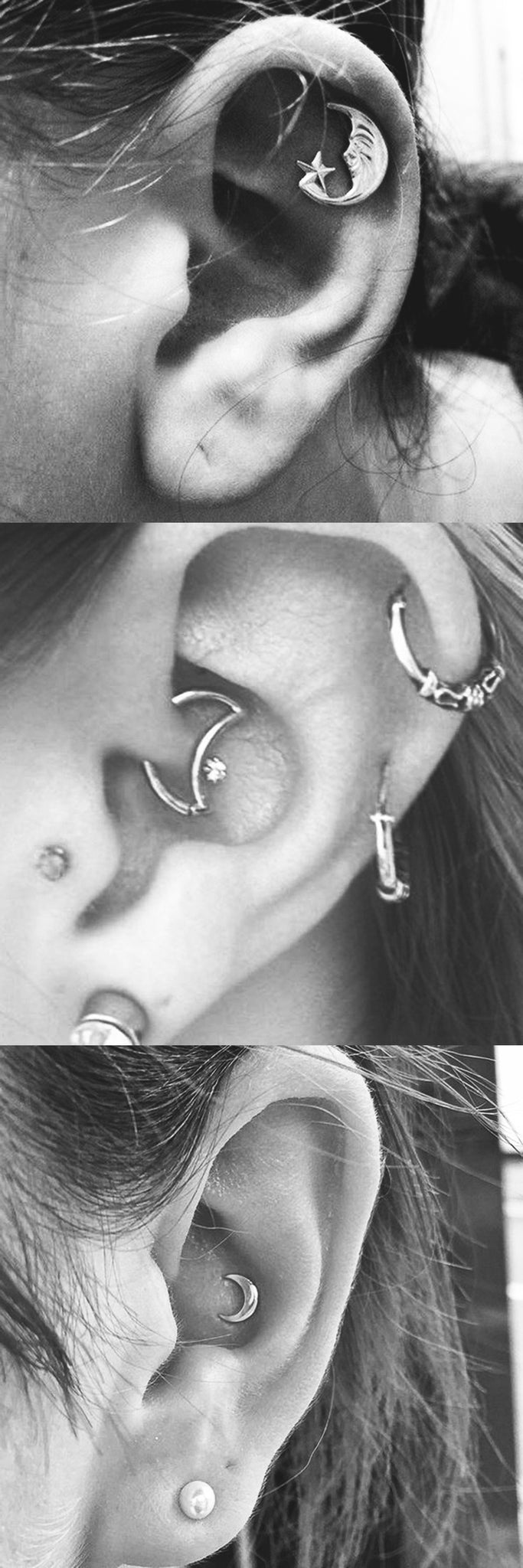 Cool Multiple Ear Piercing Ideas - Moon Cartilage Stud - Crecent Daith Rook Earring - Small Gold Moon Conch Barbell at MyBodiArt.com