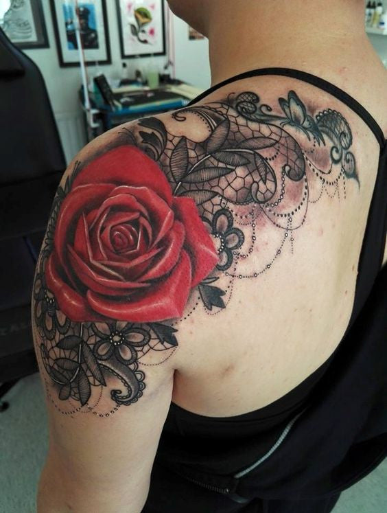 Red Rose Shoulder Floral Flower Tattoo Ideas for Women at MyBodiArt.com