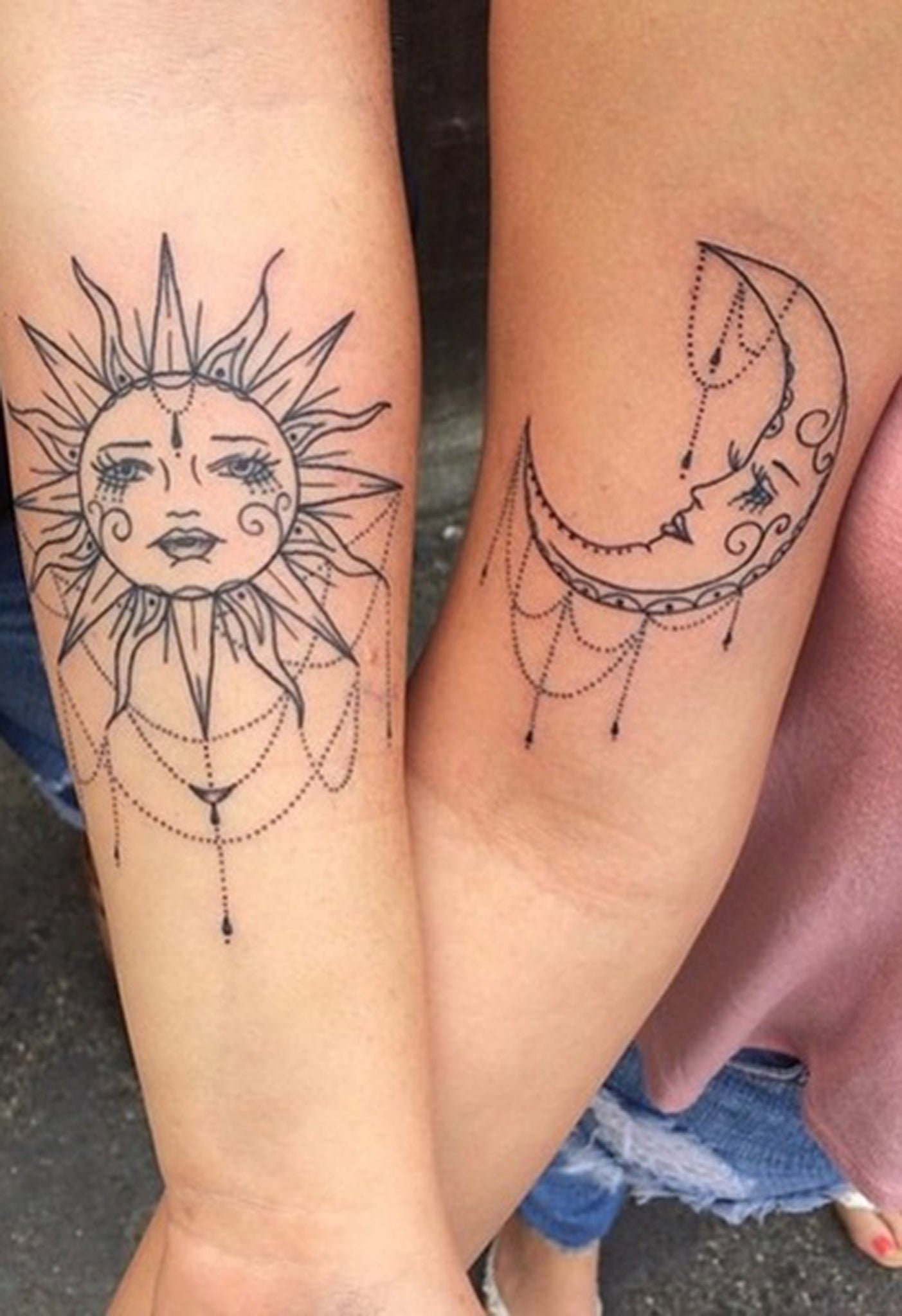 Black Sun and Moon Chandelier Mandala Matching Tattoo Ideas for Best Friends Couples  -  sol y luna coincidentes ideas de tatuaje para adolescentes - www.MyBodiArt.com