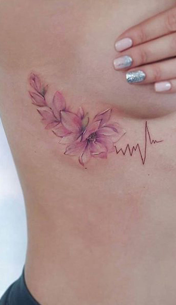 Cute Floral Flower Heartbeat RIb Tattoo Ideas for Women - www.MyBodiArt.com