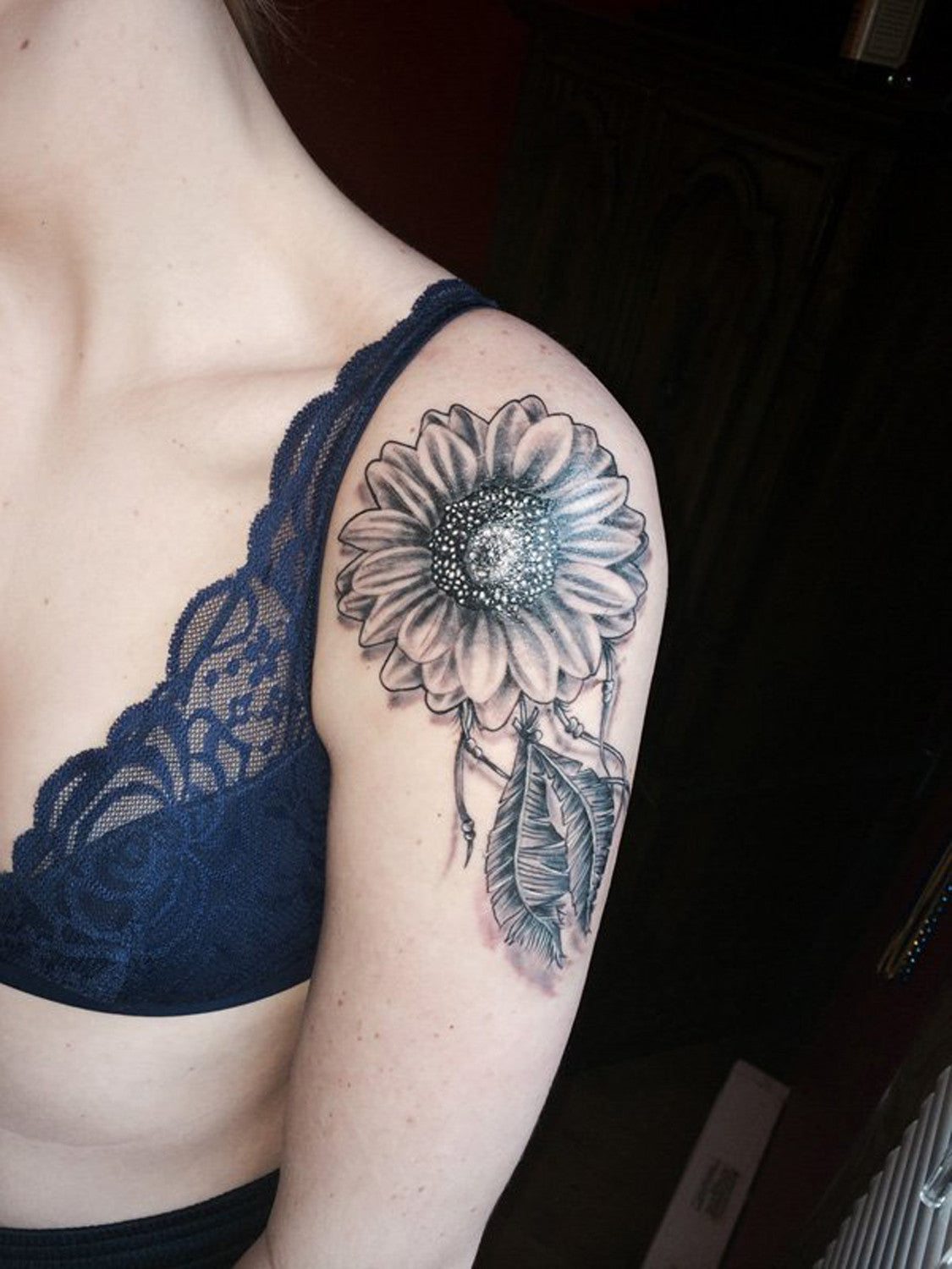 Traditional Simple Full Sunflower Shoulder Tattoo Ideas for Women at MyBodiArt.com 