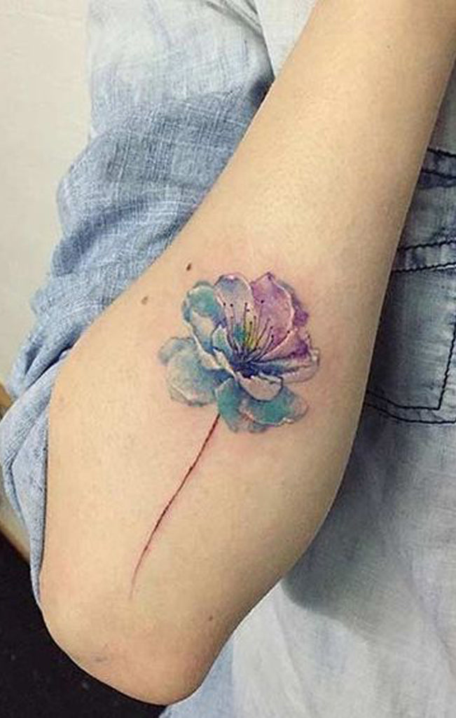 Delicate Blue Purple  Floral Flower Forearm Tattoo Ideas for Women - www.MyBodiArt.com