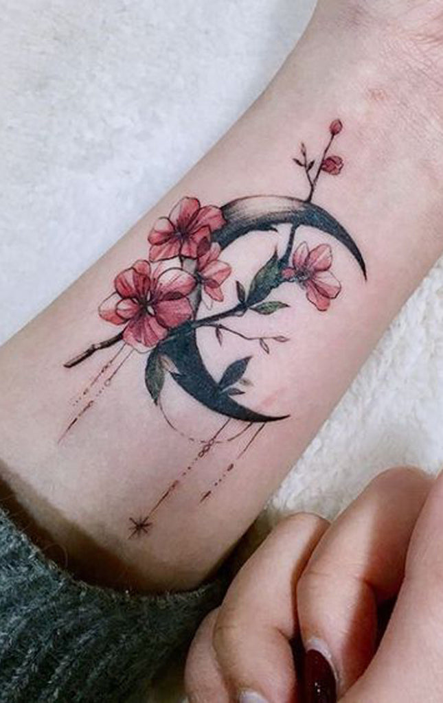 Floral Flower Moon Cherry Blossom Ankle Tattoo Ideas for Women - www.MyBodiArt.com