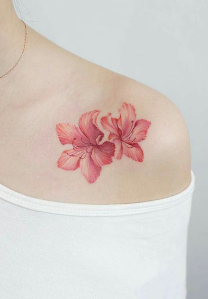 Unique Beautiful Coral Orange Lily Floral Flower Shoulder Tattoo Ideas for Women - www.MyBodiArt.com