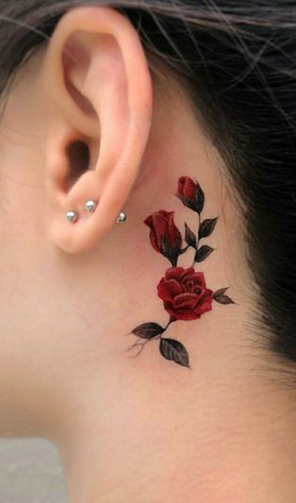 Red Rose VIne Back to the Ear Face Tattoo Ideas for Women -  rosa roja de nuevo de las ideas del tatuaje de la oreja - www.MyBodiArt.com 