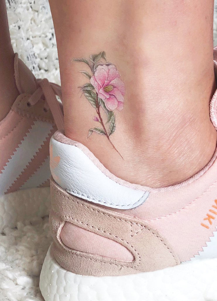 Cute Small Realistic Pink Floral Flower Ankle Tattoo Ideas for Women - www.MyBodiArt.com