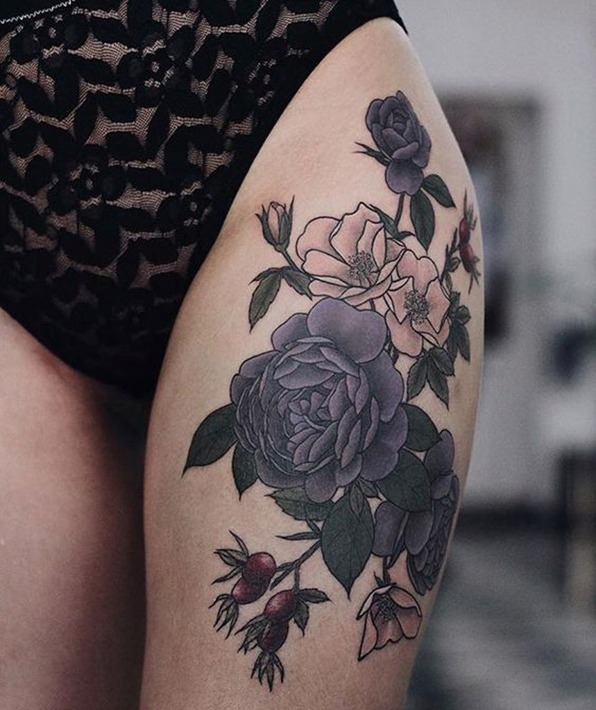 Most Popular Womens Tattoos - Black Floral Leg Hip Tattoo