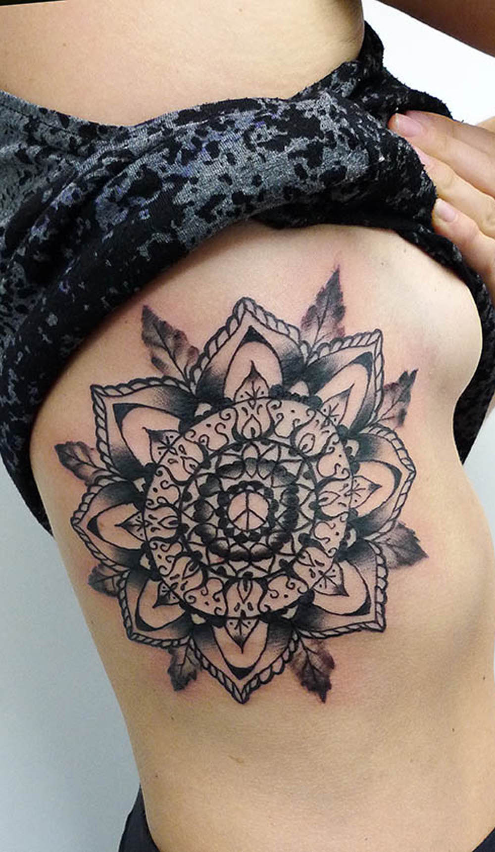 Bohemian Mandala Tattoo Ideas for Women - Tribal Sacred Geometric Triangle Side Body Tat - www.MyBodiArt.com 