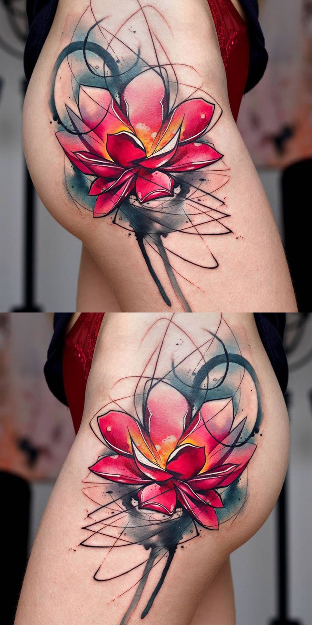 Popular Watercolor Lily Lotus Side Thigh Hip Tattoo Ideas for Women -  ideas de tatuaje de cadera de loto para las mujeres - www.MyBodiArt.com