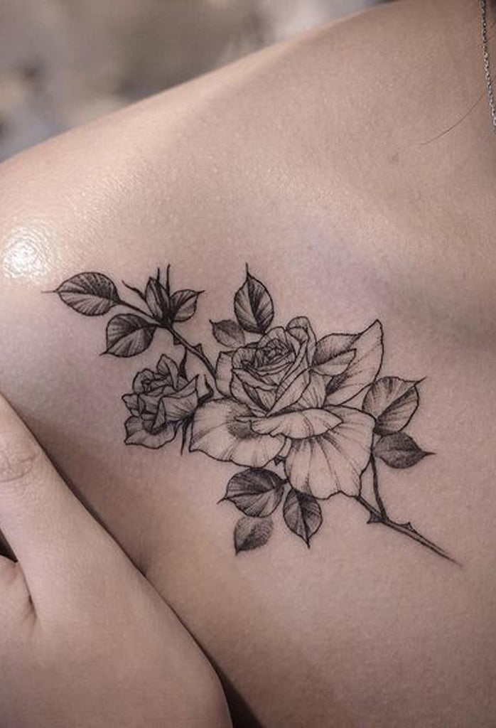 Realistic Vintage Black Rose Floral Flower Shoulder Tattoo Ideas for Women - www.MyBodiArt.com