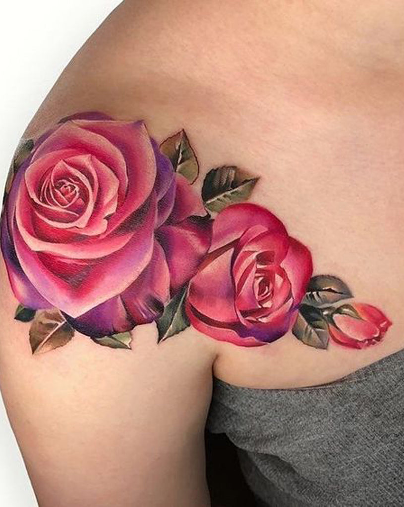 Beautiful Realistic Pink Rose Shoulder Tattoo Ideas -  ideas de acuarela tatuaje de la flor para las mujeres - www.MyBodiArt.com