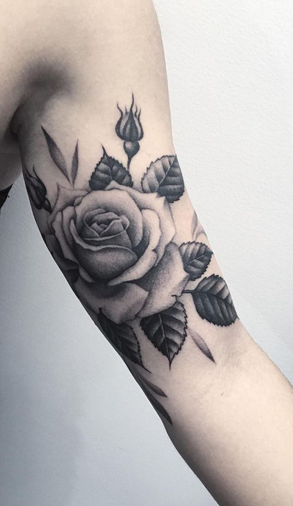 Realistic Black and White Rose Bicep Arm Tattoo Ideas for Women - www.MyBodiArt.com 