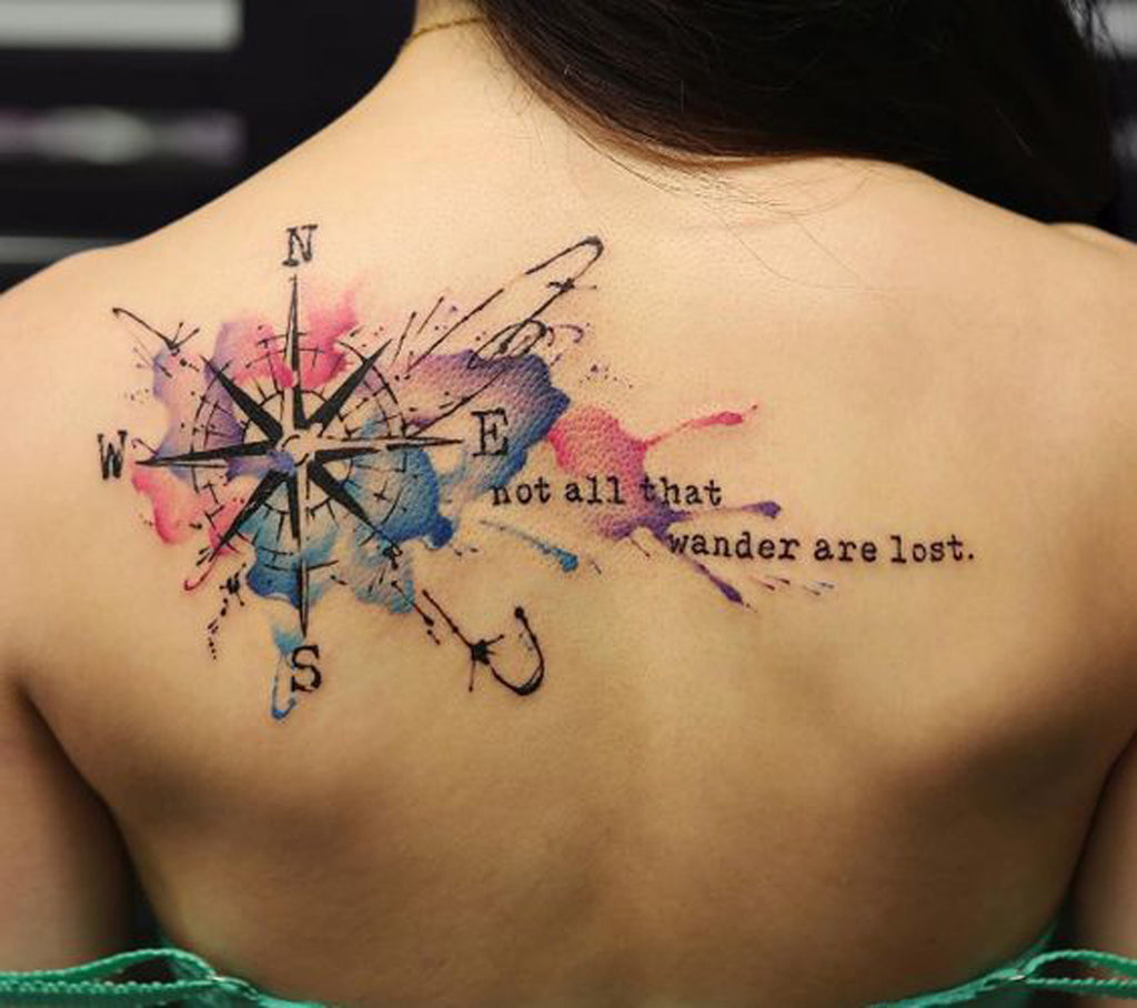 Watercolor Compass Tattoo Ideas - Not All  Those Who Wander are Lost - #tattoo #compasstattoo - MyBodiArt