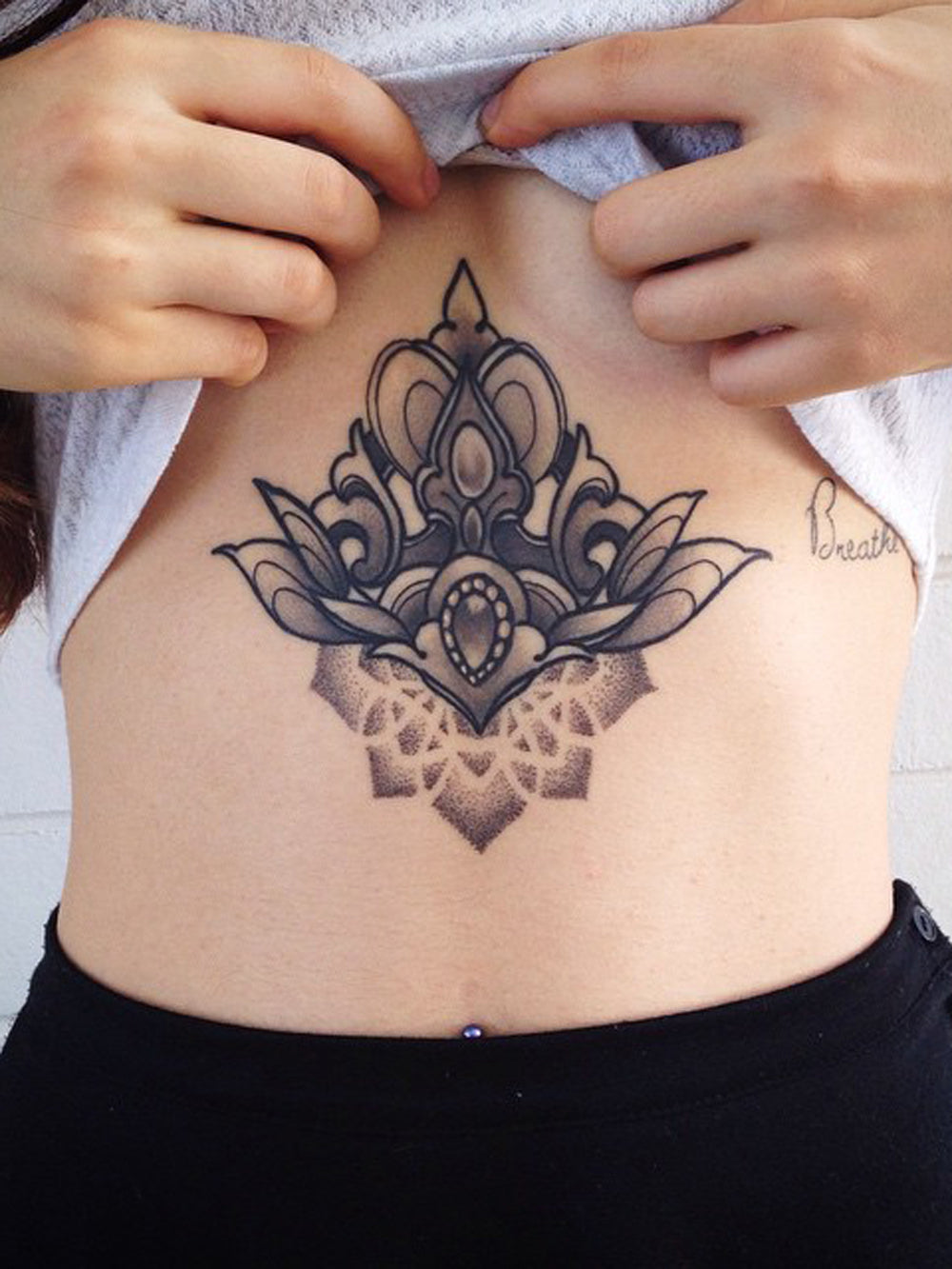 Women's Tribal Chandelier Lotus Crown Sternum Tattoo Ideas for Teenagers Tatouage - www.MyBodiArt.com