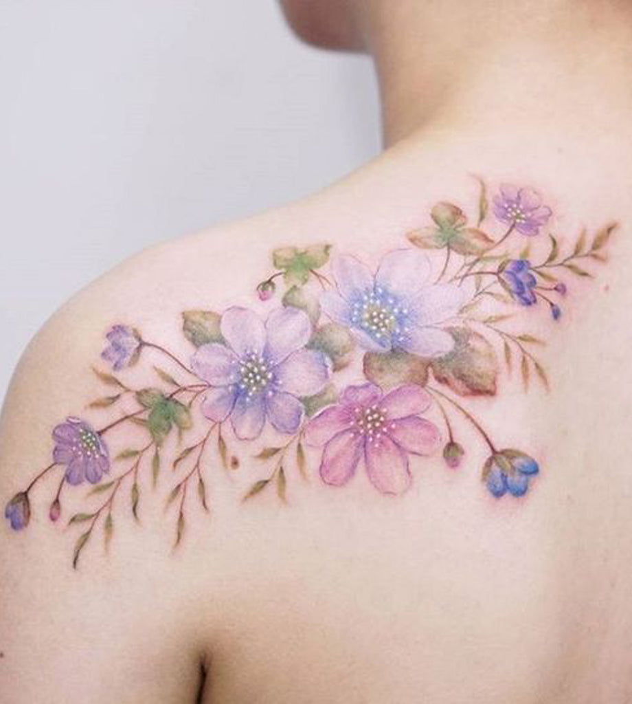 Pretty Watercolor Floral Flower Back Shoulder Tattoo Ideas for Women - www.MyBodiArt.com