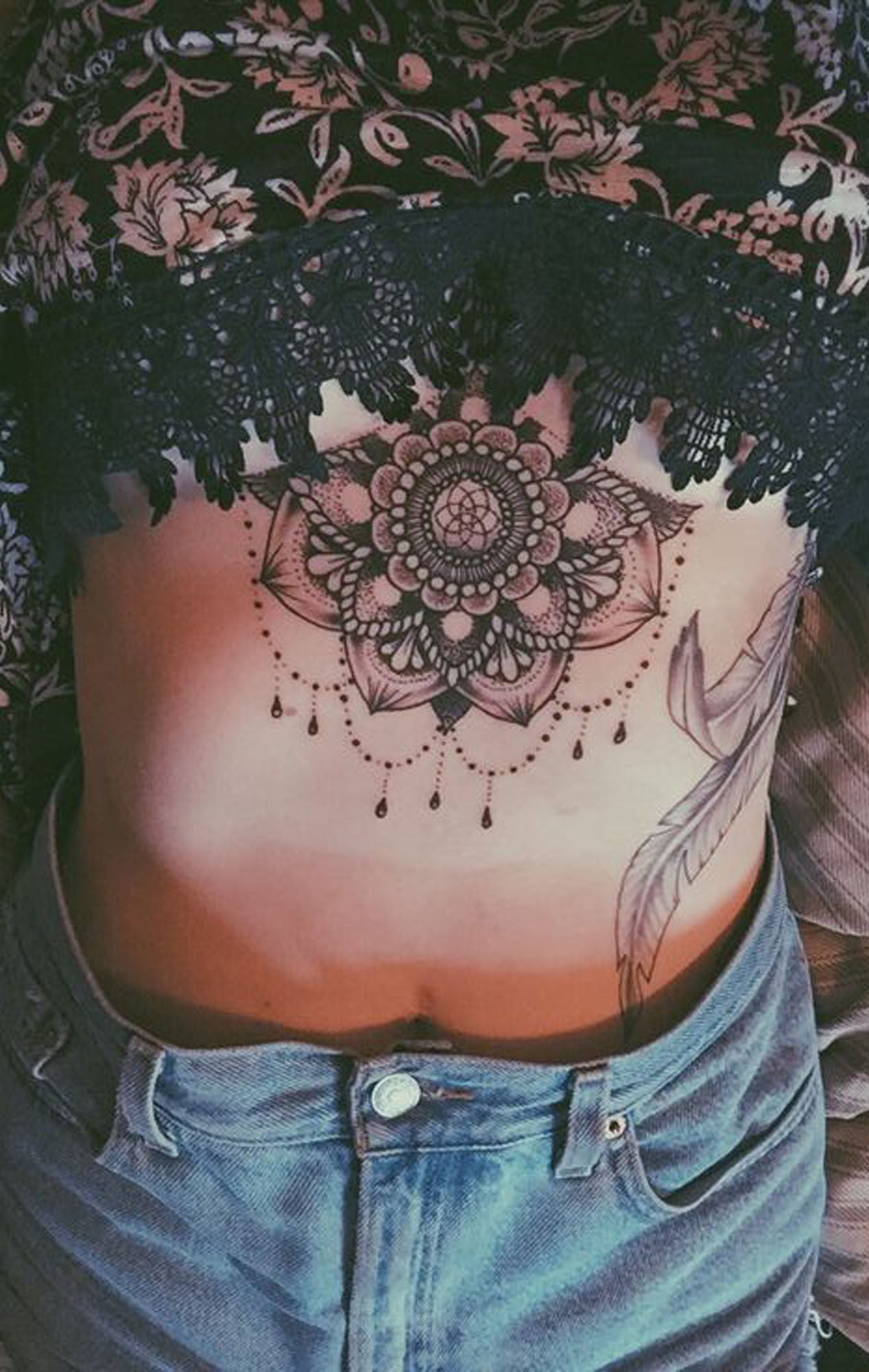 Mandala Sternum Tattoo Ideas for Women at MyBodiArt.com - Black Henna Chandelier Underboob Tatt