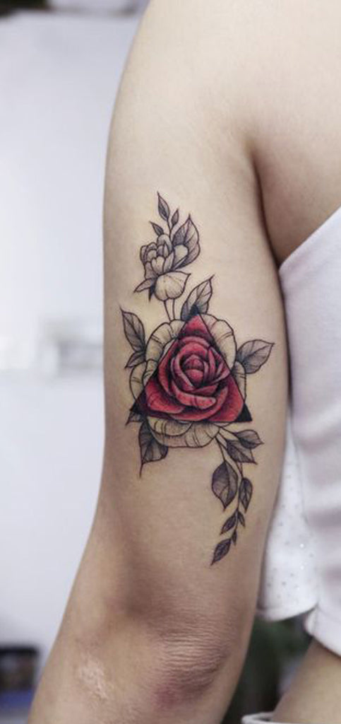 Realistic Black Floral Flower Watercolor Rose Back of Arm Tattoo Ideas for Women - www.MyBodiArt.com 