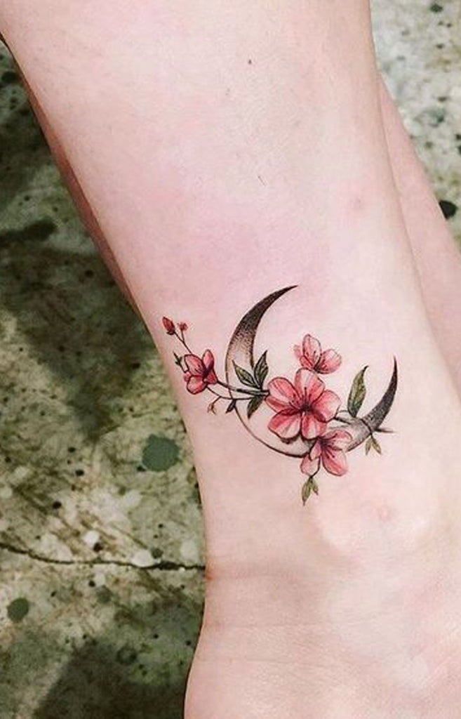 Floral Flower Moon Cherry Blossom Ankle Tattoo Ideas for Women - www.MyBodiArt.com