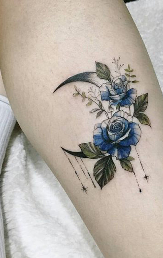 Cute Watercolor Blue Floral Flower Rose Moon Forearm Tattoo Ideas for Women - www.MyBodiArt.com