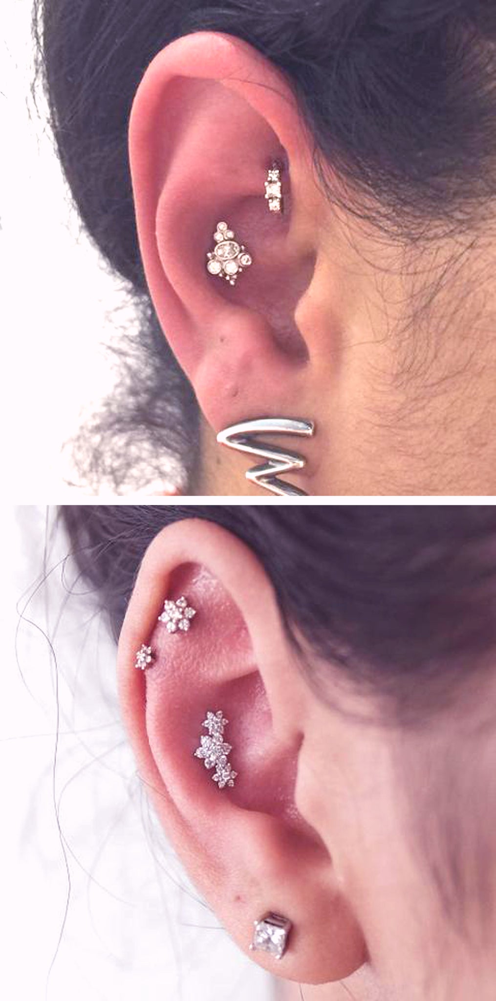 Unique Pretty Multiple Ear Piercing Ideas - Flower Cartilage Earring Studs - Rook Hoop Ring - MyBodiArt.com