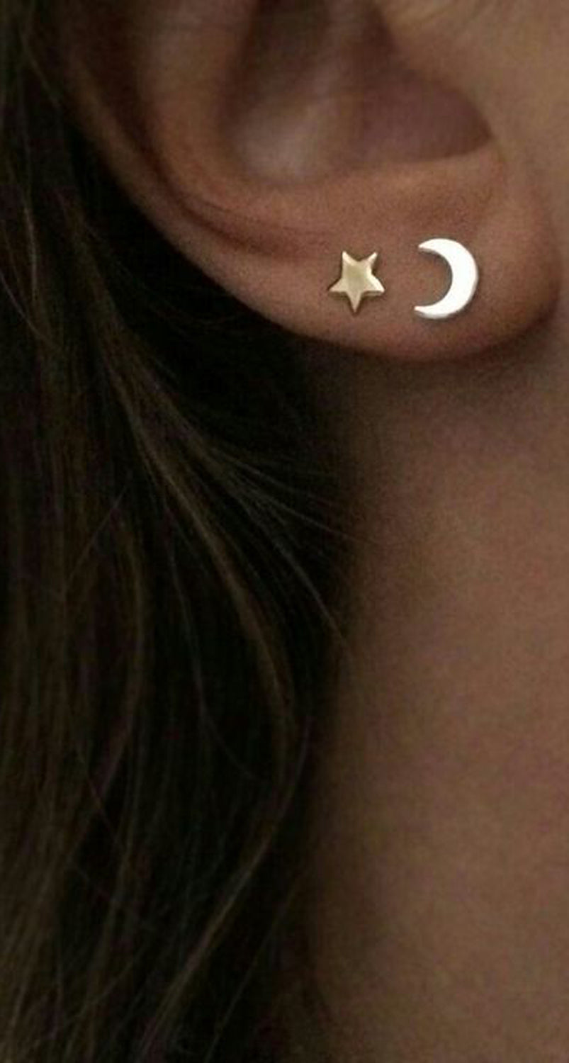 Moon and Star Ear Piercing Ideas Gold Earrings - MyBodiArt.com