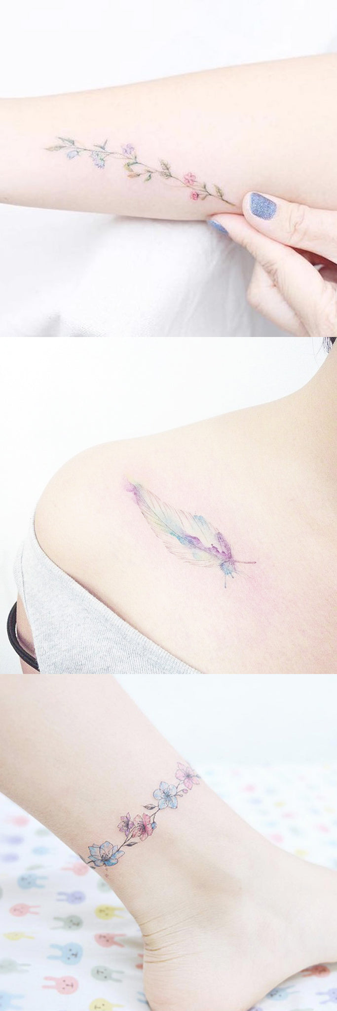 Opal Flower Forearm Tattoo Ideas - Floral Rainbow Shoulder Tatt for Women - Small Feather Leaf Ankle Tat - MyBodiArt.com