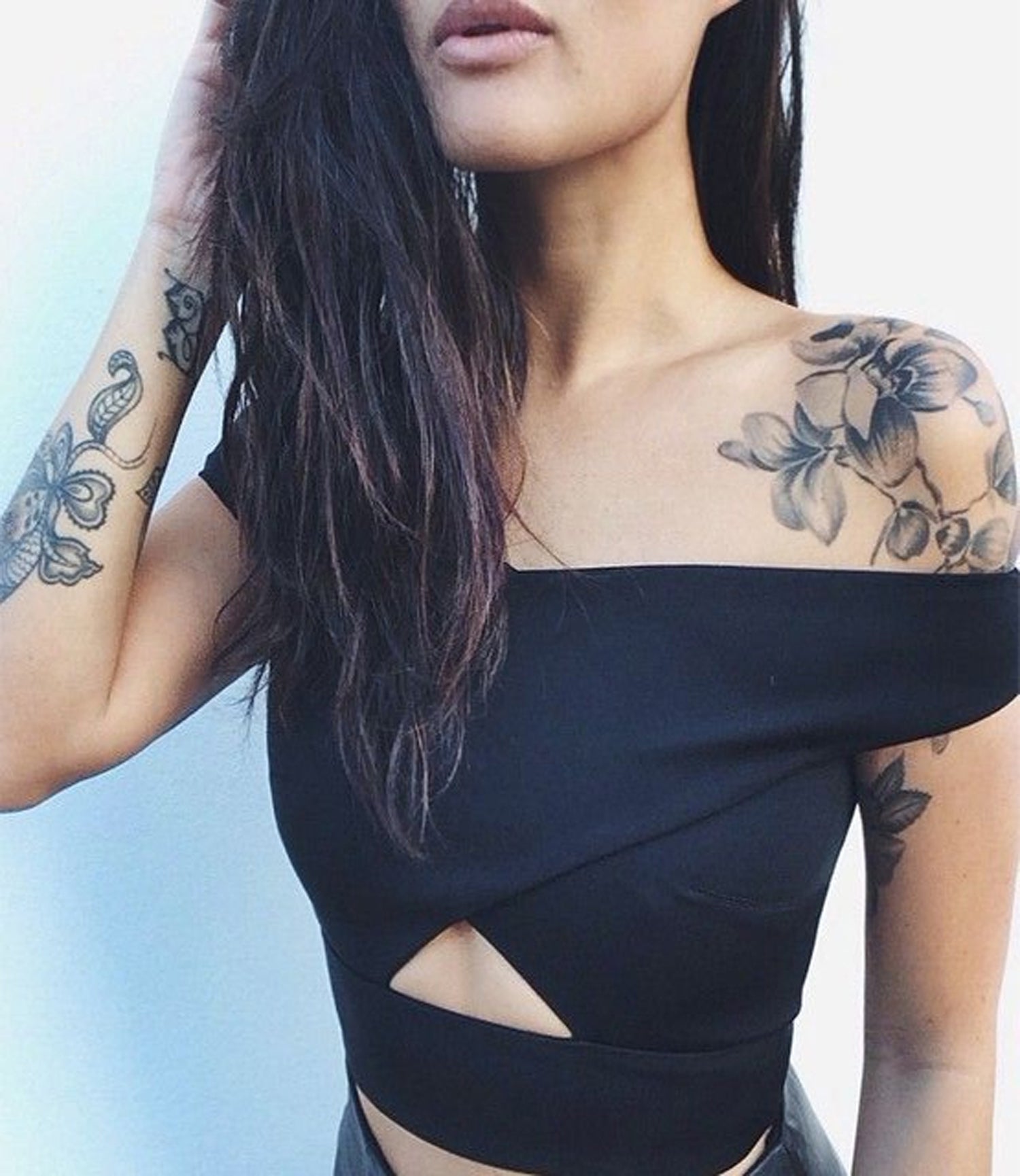 Black Watercolor Flower Shoulder Tattoo Ideas for Women - Floral Arm Sleeve Tatt - MyBodiArt.com