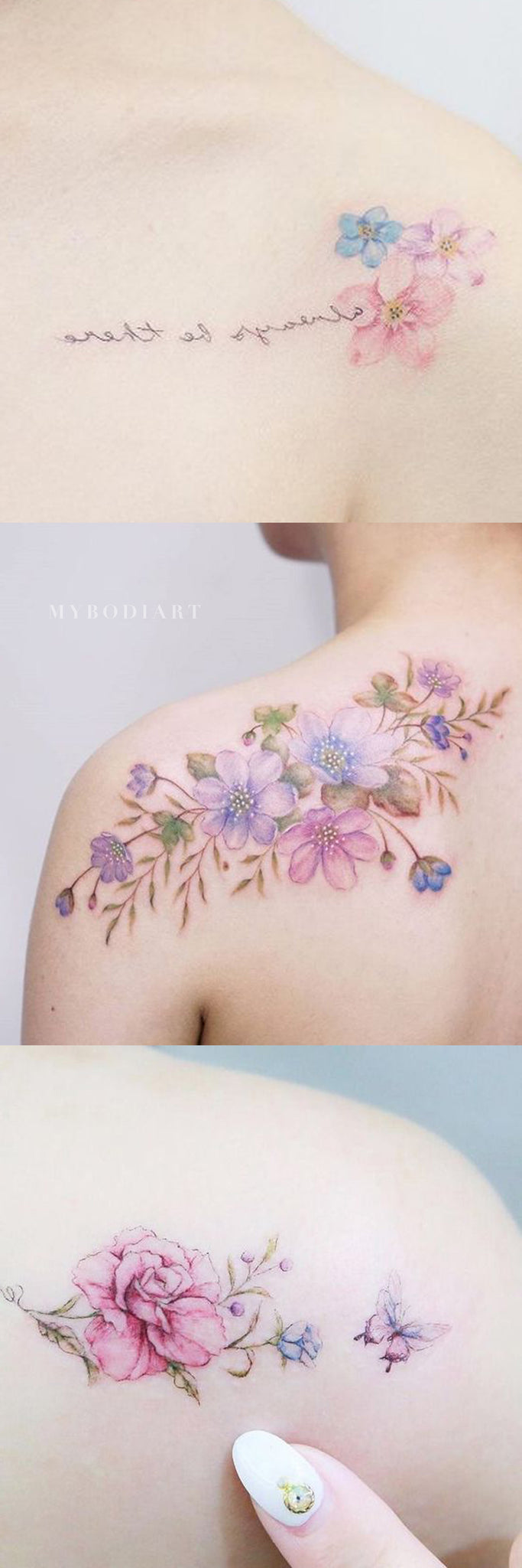 Popular Watercolor Flower Tattoo Ideas for Women Pink Blue Purple Floral Rose Shoulder Back Tattoos -  Ideas populares del tatuaje de la flor de la acuarela para las mujeres - www.MyBodiArt.com