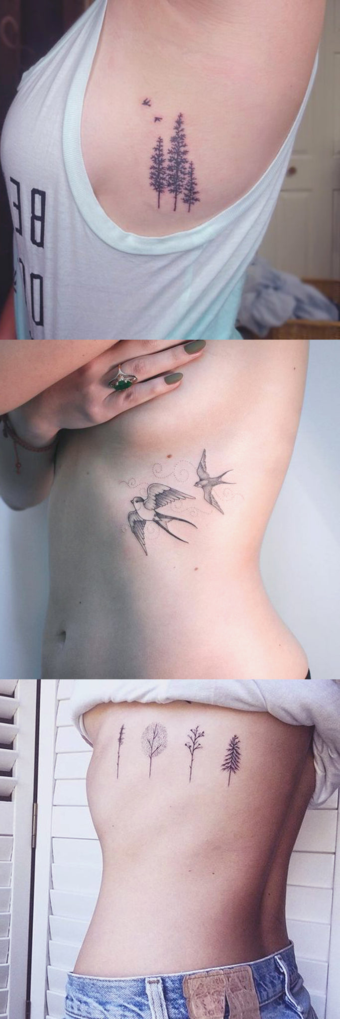 Small Nature Rib Tattoo Ideas for Women - Double Sparrow Bird idées de tatouage pour les femmes - Tree ideas de tatuajes para mujeres - www.MyBodiArt.com