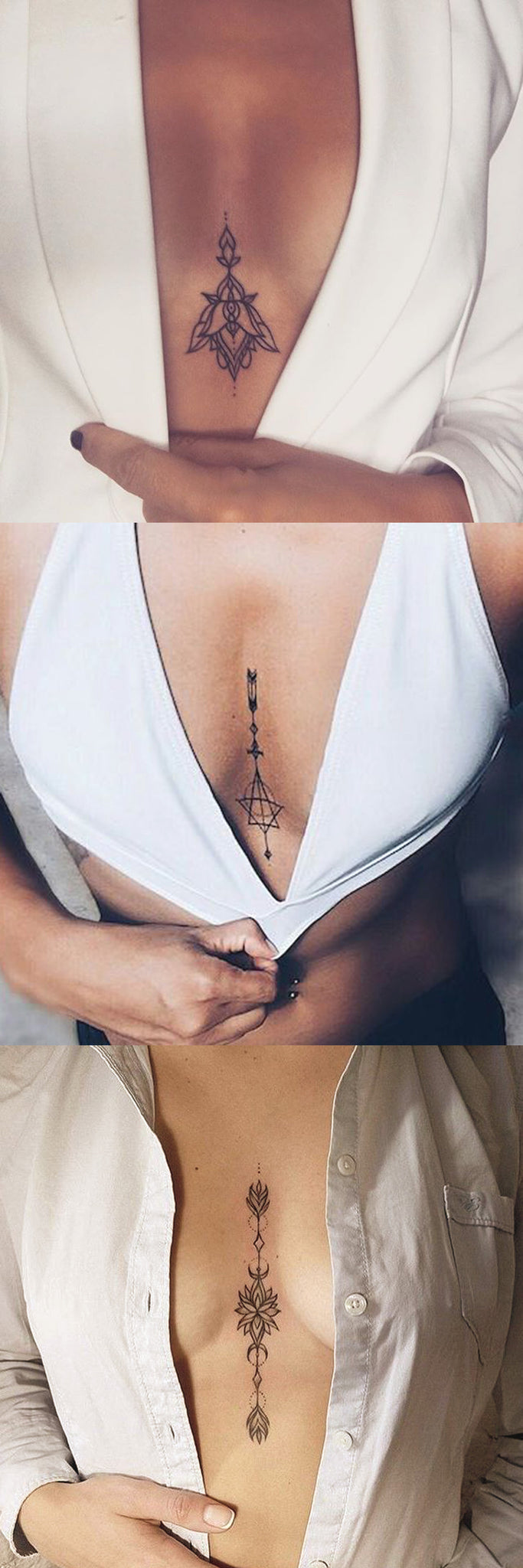 Arrow Sternum Tattoo Ideas for Women at MyBodiArt.com - Unalome Scared Geometric Tatt - Lotus Boob Tat 