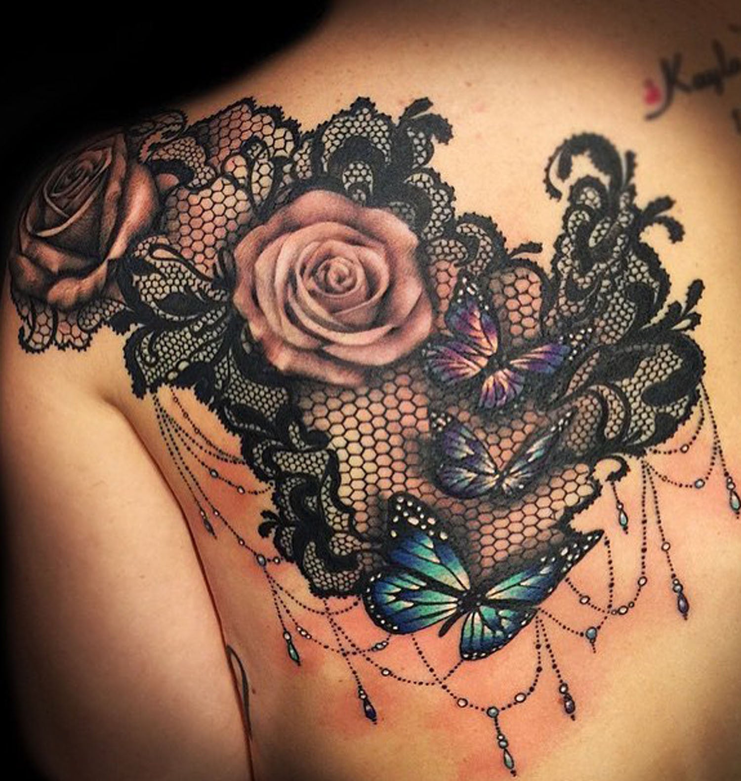 Rose Shoulder Tattoo Ideas with Black Henna Lace Chandelier at MyBodiArt.com - Floral Flower Tatt