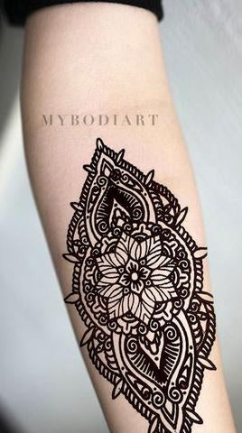 Boho Linework Flower Forearm Tattoo Ideas for Women - Cool Hindu Ethnic Tribal Floral Lotus Arm Sleeve Tat Black Henna - www.MyBodiArt.com #tattoos 