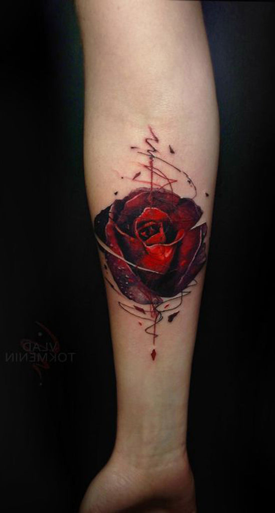 Beautiful Red Rose Watercolor Forearm Tattoo Ideas for Women Floral Flower Arm Tat -  acuarela rosa roja antebrazo tatuaje ideas para mujeres - www.MyBodiArt.com