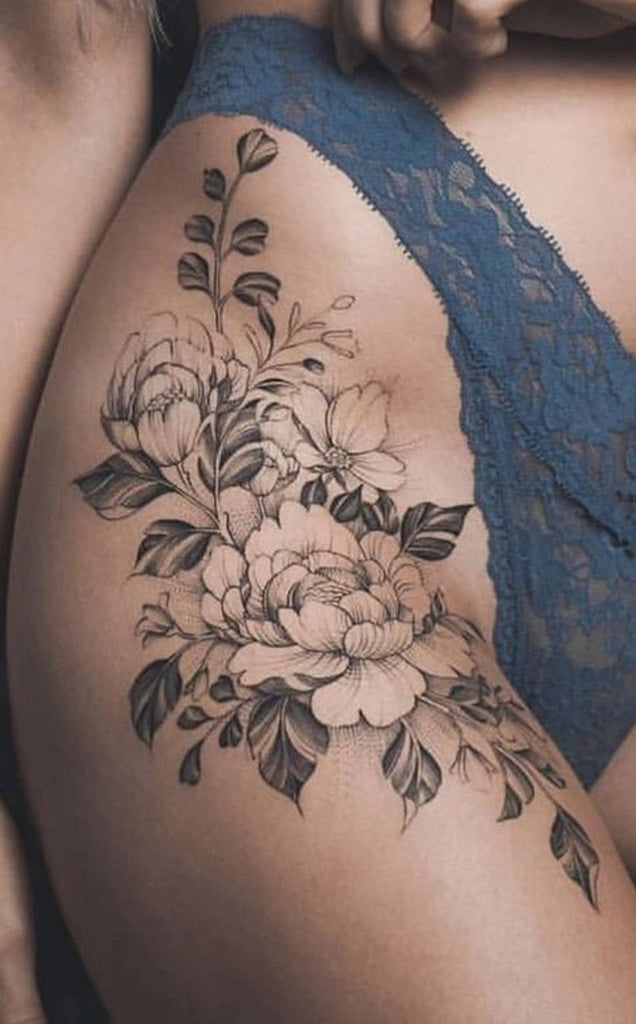 Vintage Wild Rose Thigh Tattoo Ideas for Women Black Outline Flower Leg Tat - www.MyBodiArt.com