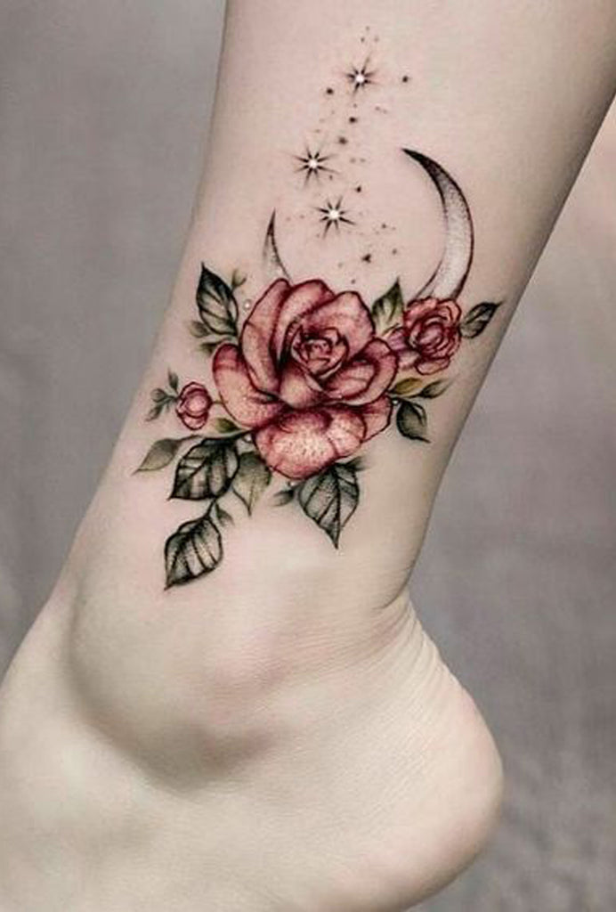 VIntage Floral Moon Foot Ankle Tattoo Ideas for Women - www.MyBodiArt.com 
