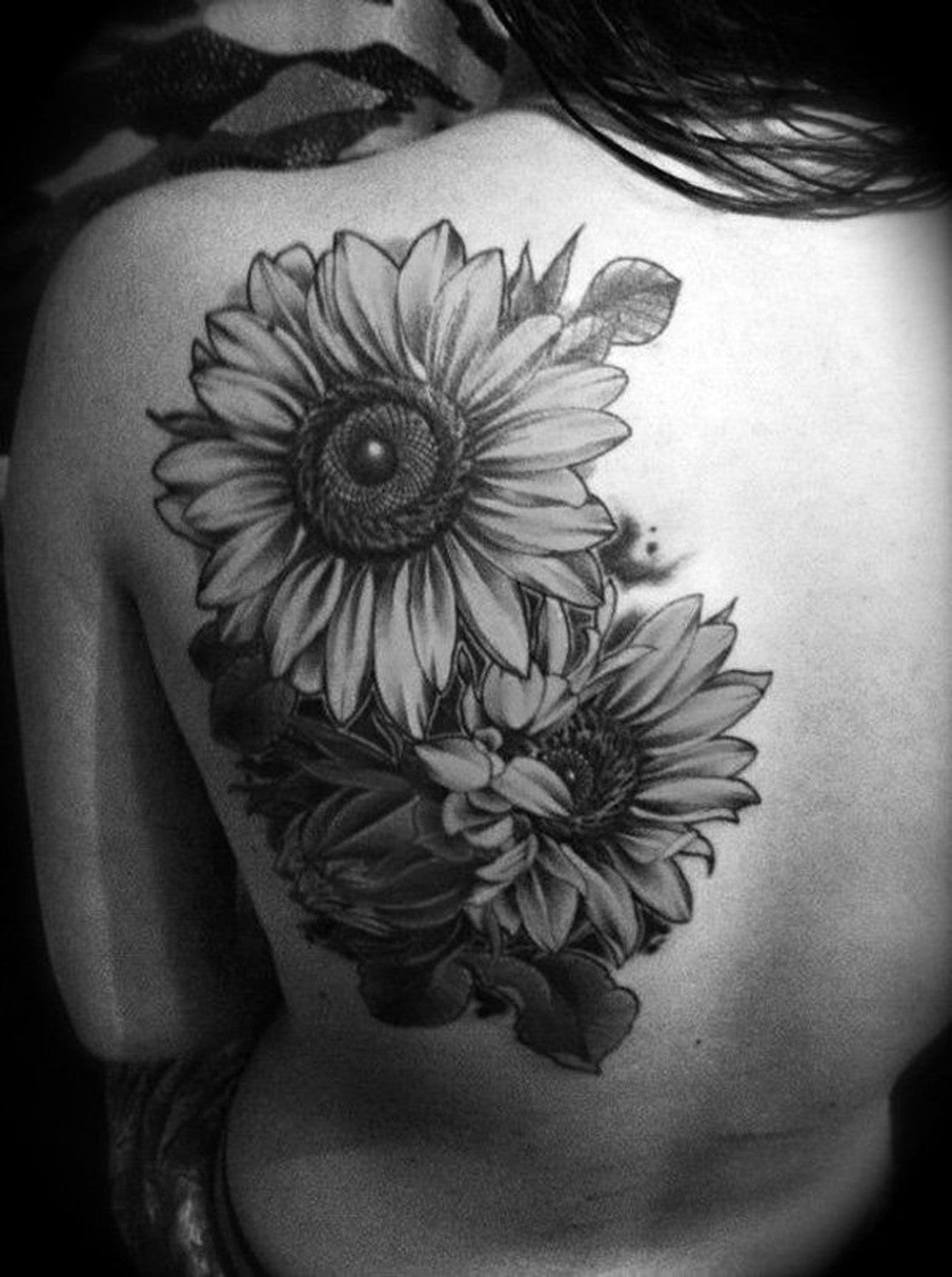 Large Black and White Sunflower Floral Flower Tattoo Ideas for Women at MyBodiArt.com 