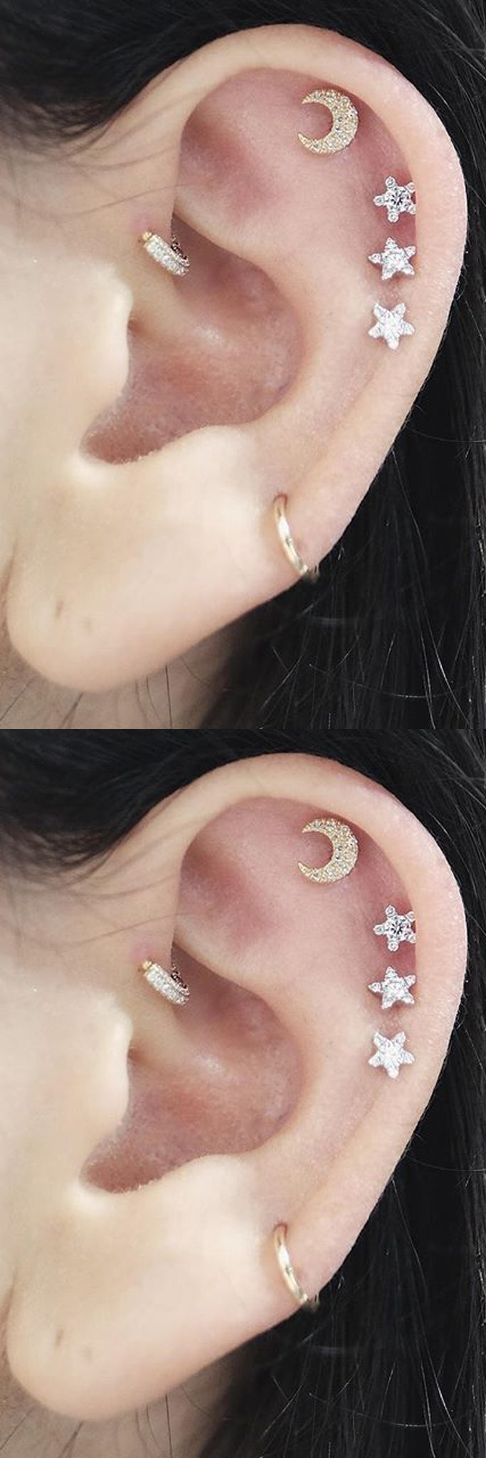 Cute Feminine Multiple Ear Piercing Combination Ideas at MyBodiArt.com - Crescent Moon and Stars Sky Cartilage Helix Earring Studs  
