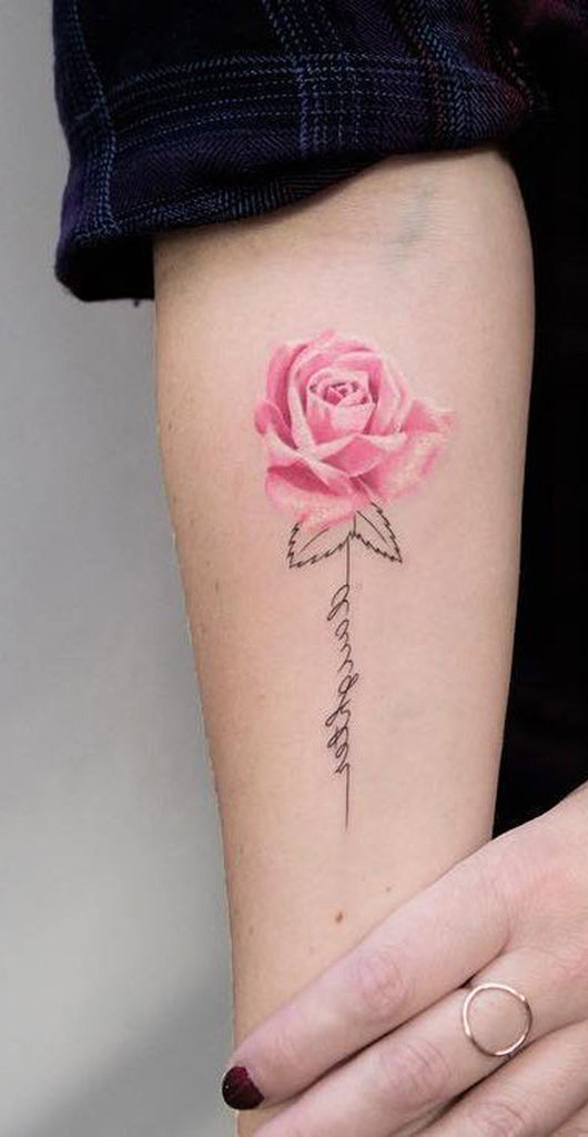 Cute Pink Watercolor Rose Floral Flower Forearm Tattoo Ideas for Women - www.MyBodiArt.com