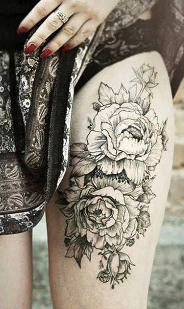 Cool Leg Tattoos - Black Floral Thigh Tattoo
