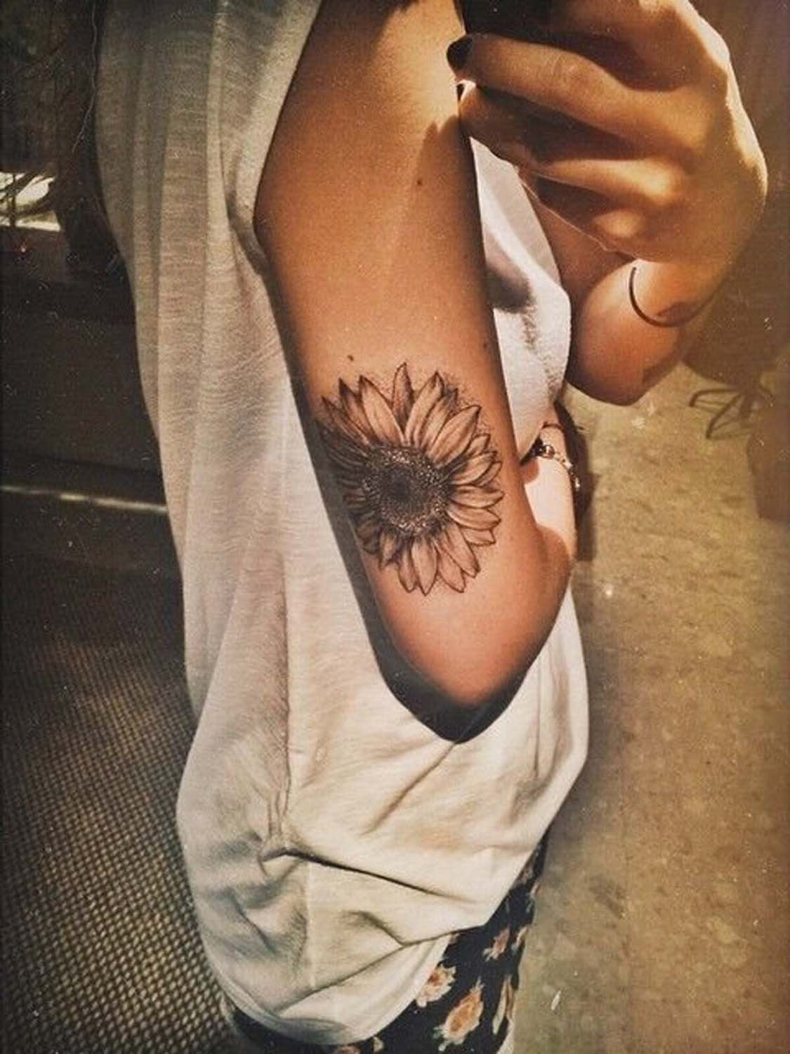 Back of Arm Sunflower Floral Flower Tattoo Ideas for Women at MyBodiArt.com