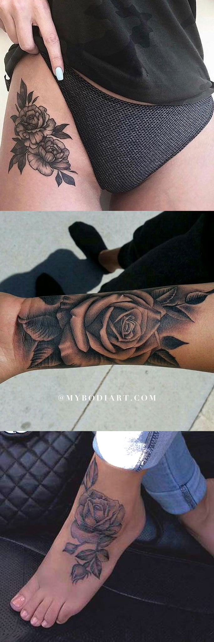 Vintage Black Rose Tattoo Ideas for Women for Traditional Floral Flower Thigh Foot Arm Tattoos - ideas vintage negro tatuaje rosa para las mujeres - www.MyBodiArt.com