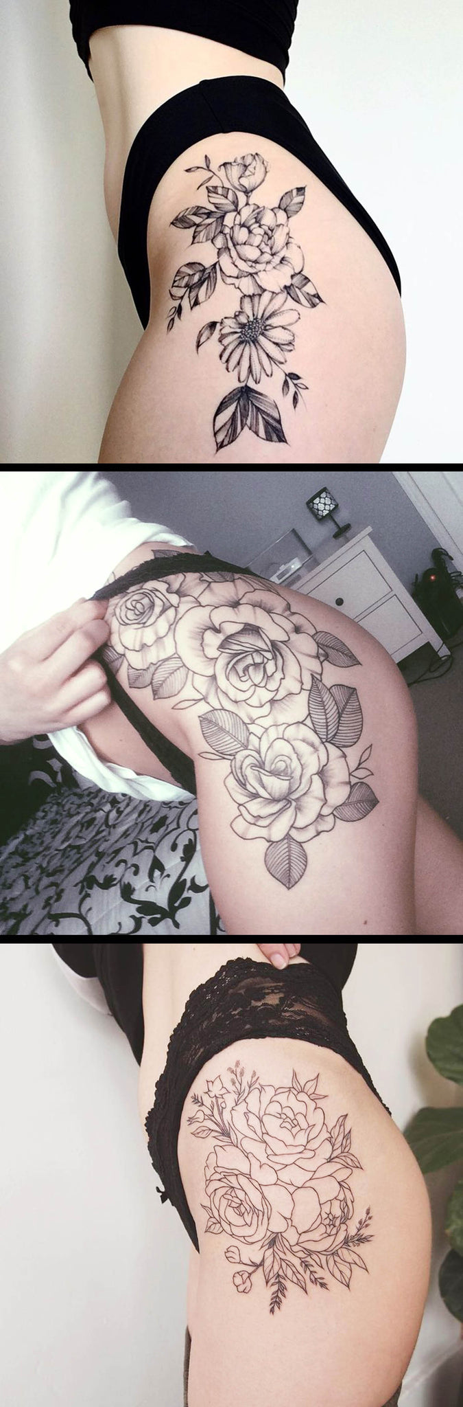 Vintage Black and White Floral Flower Hip Tattoo Ideas for Women - Realistic Wild Rose Thigh Tat -  tatuaje de cadera de flor - www.MyBodiArt.com  