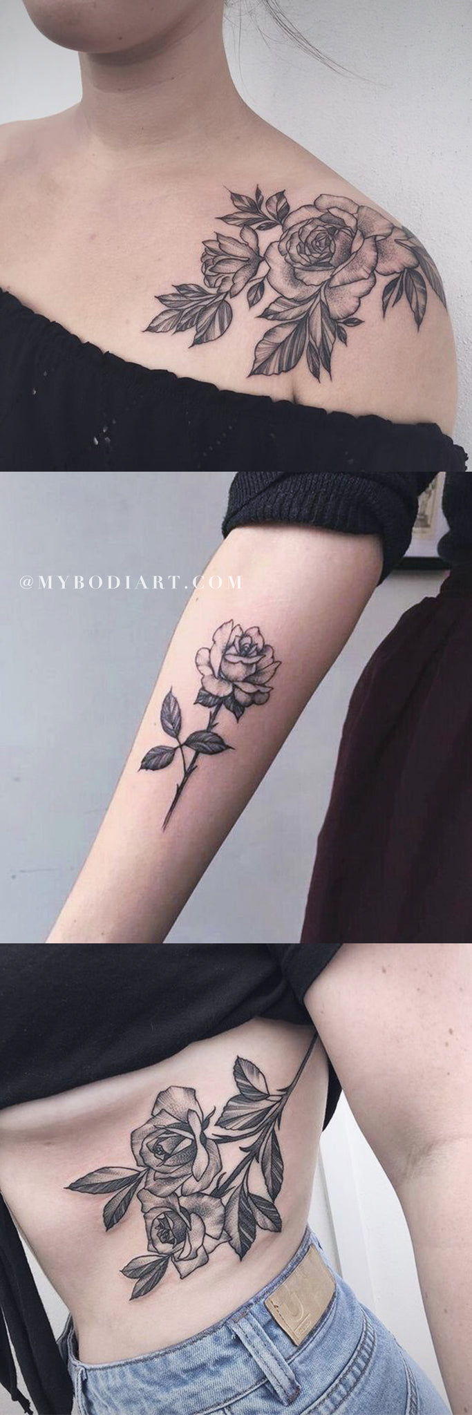 Realistic Black Rose Tattoo Ideas for Women Delicate Flora Flower Shoulder Rip Forearm Tattoos -  ideas realistas del tatuaje de la rosa negra para las mujeres - www.MyBodiArt.com