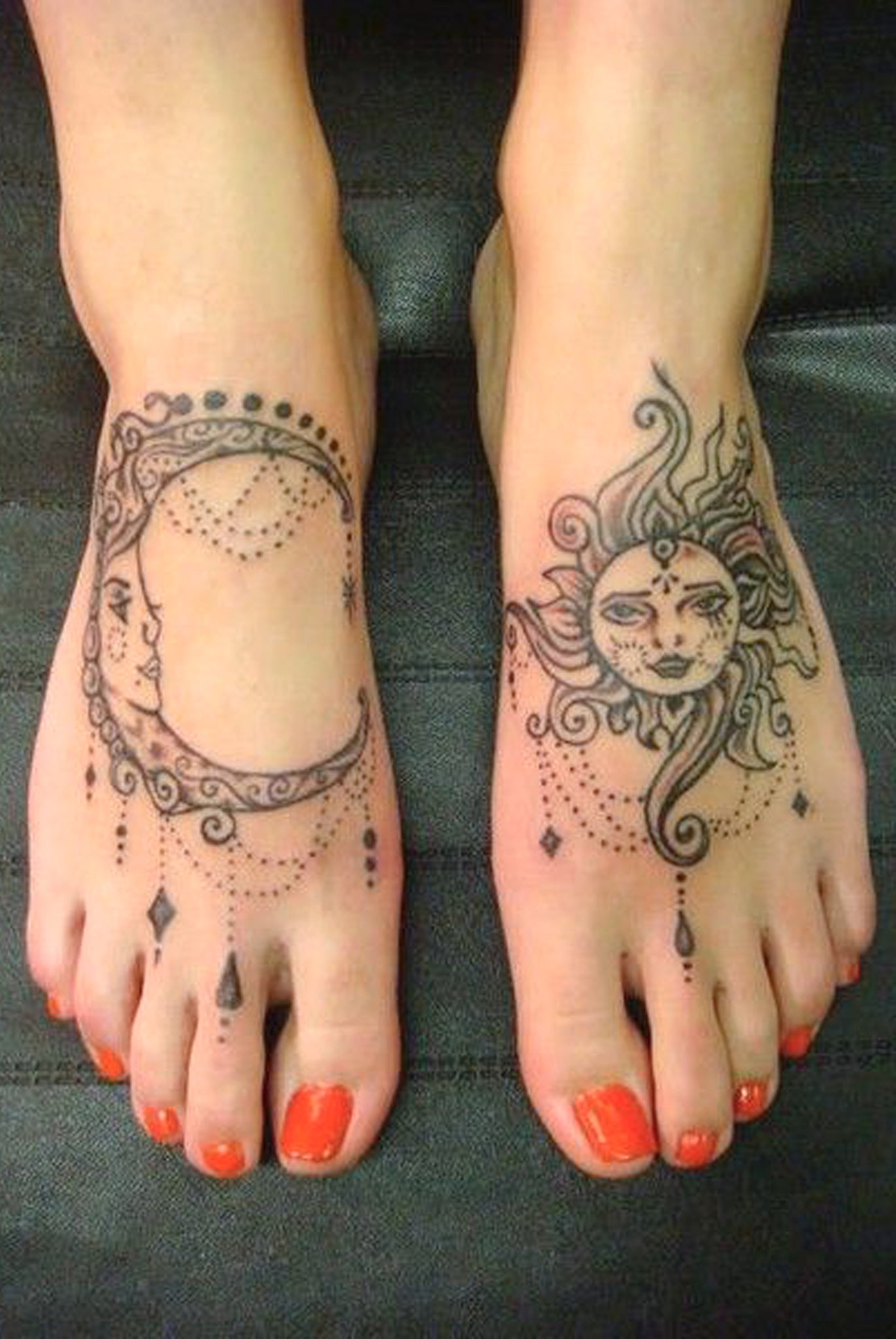 Foot Tattoo Ideas for Women - Mandala Lace Chandelier Sun & Crescent Moon Tattoo Ideas for Women -  ideas de tatuajes de pies para mujeres - www.MyBodiArt.com