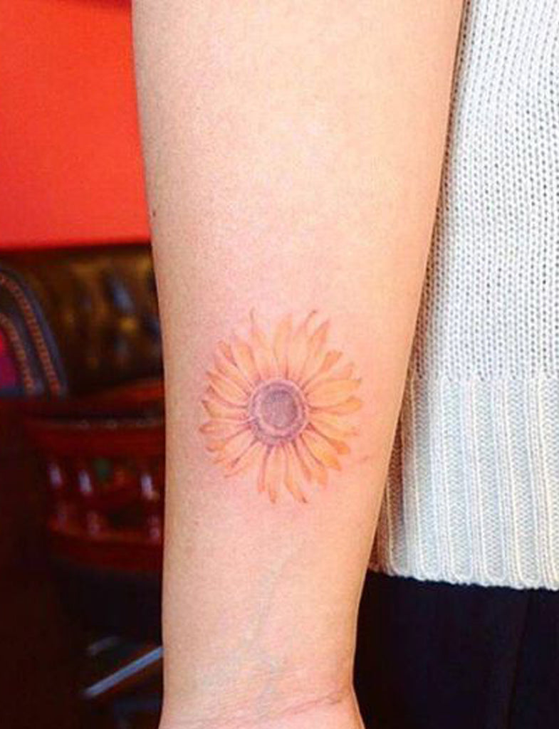 Small Watercolor Sunflower Flower Forearm Tattoo Ideas for Women  ideas lindas del tatuaje del girasol para las mujeres - www.MyBodiArt.com  