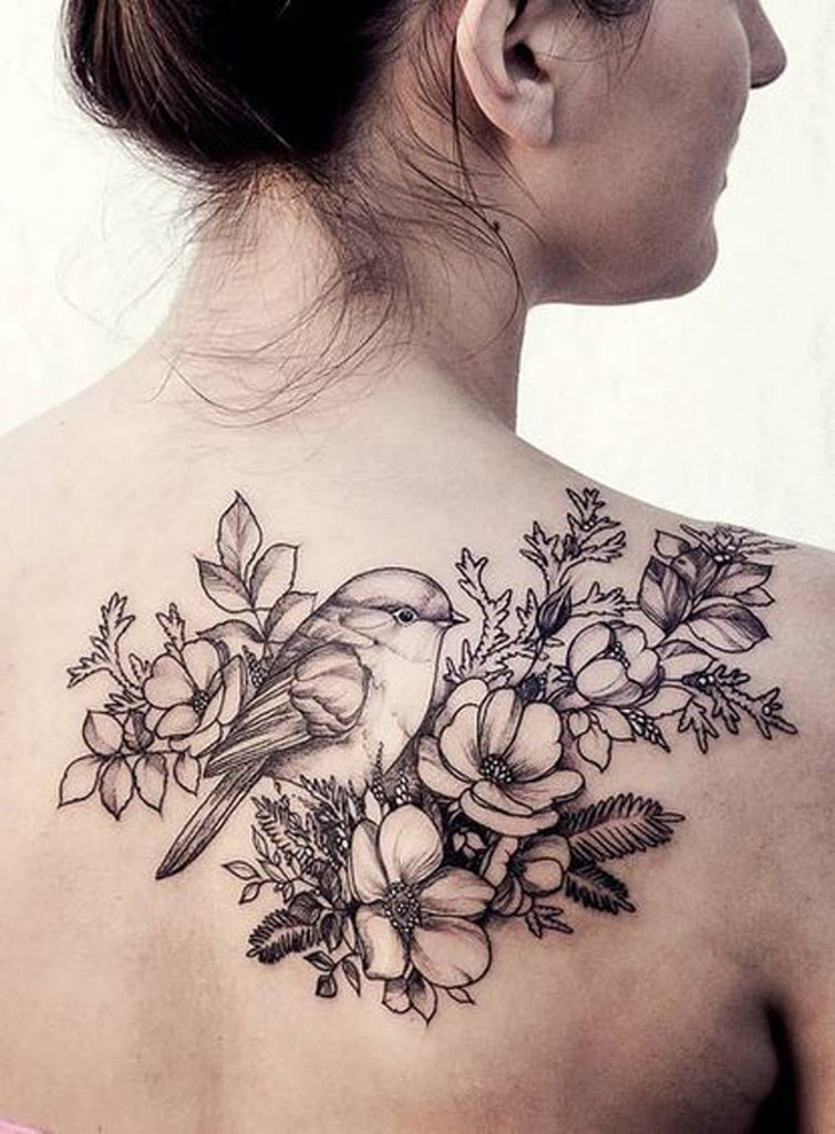 Hummingbird Vintage Floral Back Tattoo - MyBodiArt.com