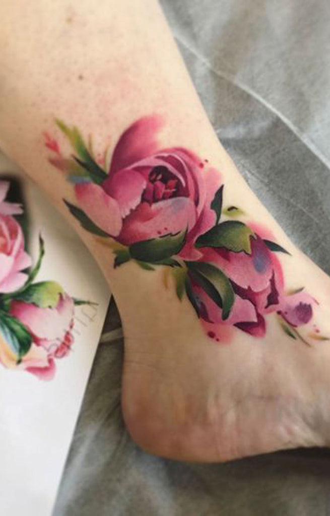 Cute Pink Floral Flower Ankle Tattoo Ideas for Women -  ideas de acuarela tatuaje de la flor para las mujeres - www.MyBodiArt.com