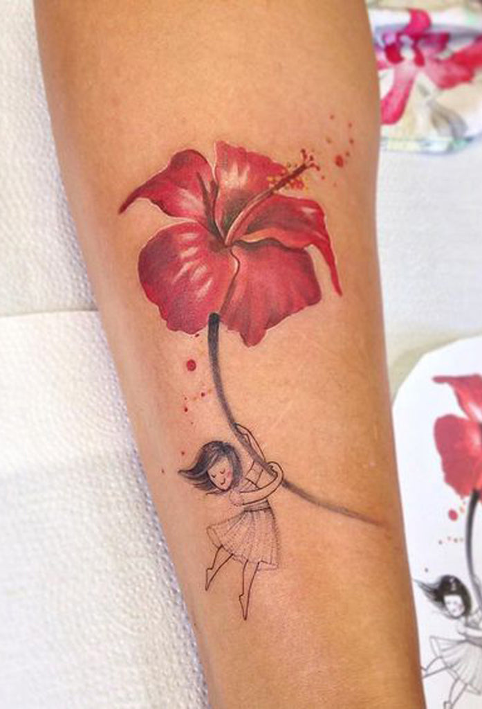 Watercolor Red Floral Flower Forearm Tattoo ideas for Women -  ideas de tatuaje de antebrazo flor roja - www.MyBodiArt.com 