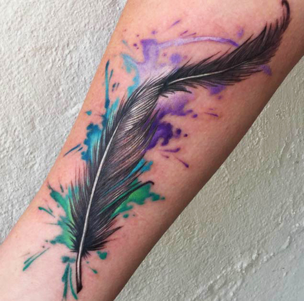 Small Peacock Watercolor Feather Tattoo - MyBodiArt.com
