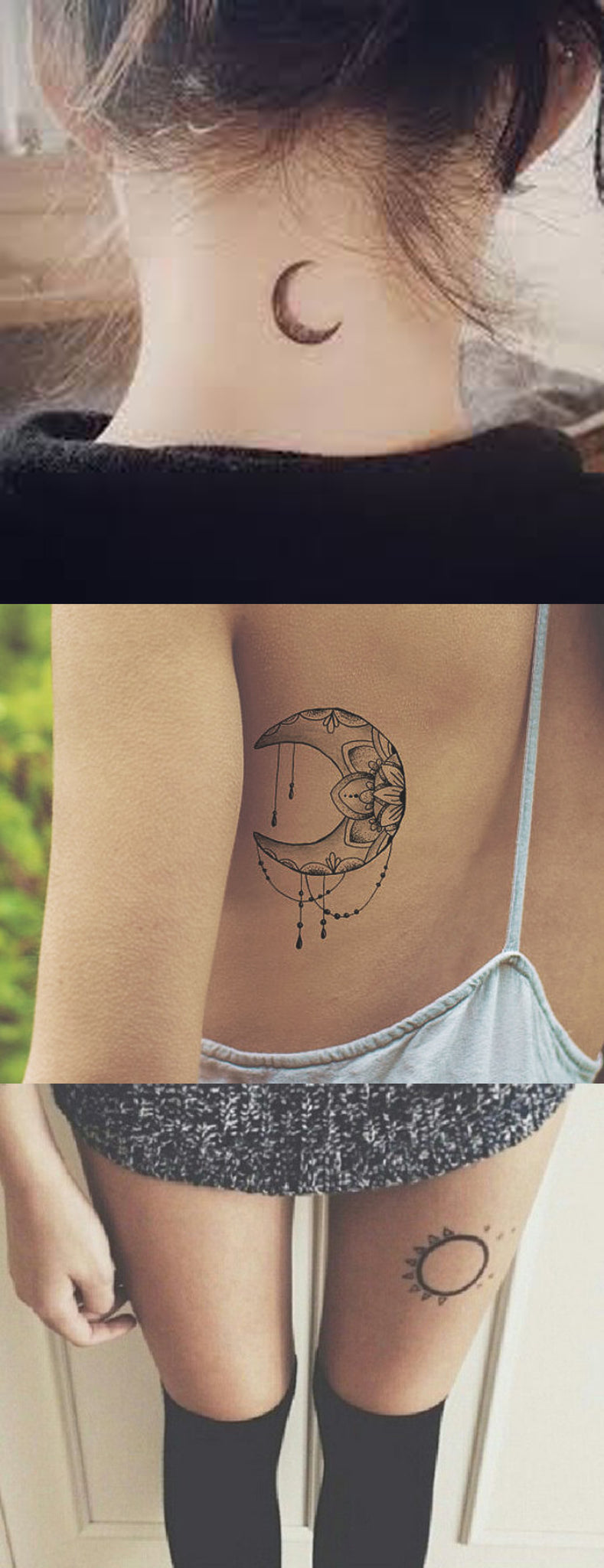 Minimal Simple Tattoo Ideas for Women at MyBodiArt.com - Back of Neck Moon Tatt - Sun Thigh Tat - Tribal Moon & Sun Rib